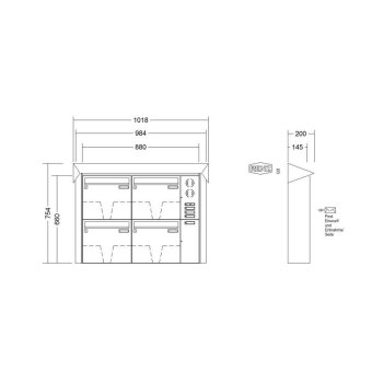 RENZ Prisma Aufputzbriefkastenanlage in V4A Edelstahl mit Sprechsieb 4-fach