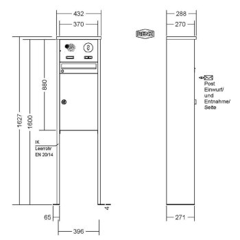 RENZ Tetro freistehender Brief- & Paketkasten mit Sprech- & Kameravorbereitung mit Fußplatten ELCOM Modesta Kombi Modul REU610Y und Audio Modul REU410Y
