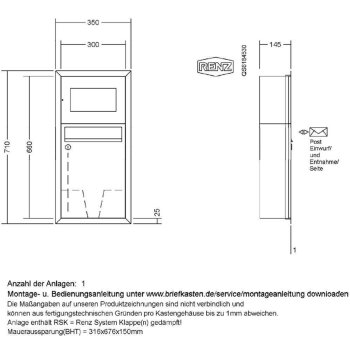 RENZ Eckrahmen Unterputz Briefkasten 2x Gira 106 in V4A Edelstahl Blindmodul, Sprachmodul mit Klingel und Gravur mit Audio-Steuergerät