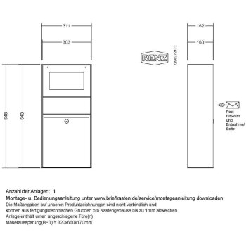 RENZ Plan Unterputz Briefkasten 2x Gira 106 in V4A Edelstahl Sprachmodul mit Klingel und Gravur, Infomodul mit Gravur mit Audio-Steuergerät