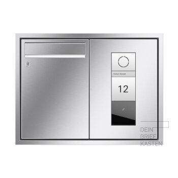 RENZ Eckrahmen Unterputz Briefkasten 3x Gira 106 in V4A Edelstahl  Anzeigemodul, Sprachmodul mit Klingel und Gravur, Infomodul mit Gravur