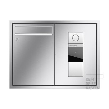 RENZ Eckrahmen Unterputz Briefkasten 3x Gira 106 in V4A Edelstahl  Blindmodul, Sprachmodul mit Klingel und Gravur, Anzeigemodul mit Audio-Steuergerät