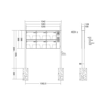 RENZ Basic B freistehende Briefkastenanlage in V4A Edelstahl mit Sprechfeld 6-fach