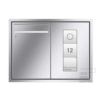 RENZ Eckrahmen Unterputz Briefkasten 3x Gira 106 in V4A Edelstahl  Infomodul mit Gravur, Sprachmodul, Klingelmodul V4A mit Gravur + Gravur