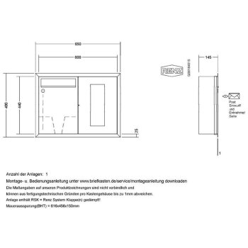 RENZ Eckrahmen Unterputz Briefkasten 3x Gira 106 in V4A Edelstahl  Sprachmodul, Klingelmodul 1 Ruftaste beleuchtet, Anzeigemodul mit Audio-Steuergerät