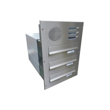 3er Edelstahl Mauerdurchwurf Briefkastenanlage mit Sprechsieb - T: 39-62 cm- B-042