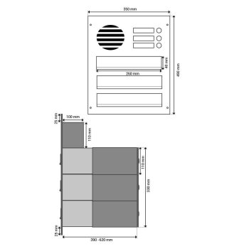 3er Edelstahl Mauerdurchwurf Briefkastenanlage mit Sprechsieb - T: 39-62 cm- B-042