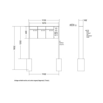 RENZ Plan freistehende Briefkastenanlage in V4A Edelstahl mit Sprechanlage 3-fach